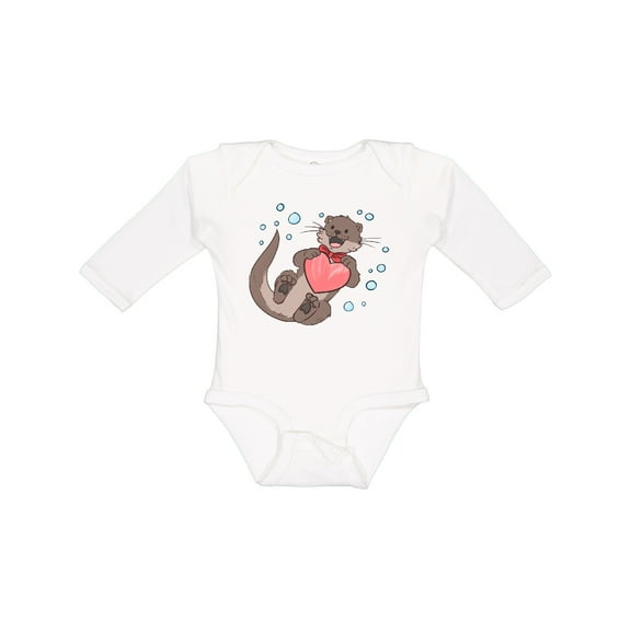 Inktastic Cute Smiling Valentine's Day Otter with Heart Boys or Girls Long Sleeve Baby Bodysuit