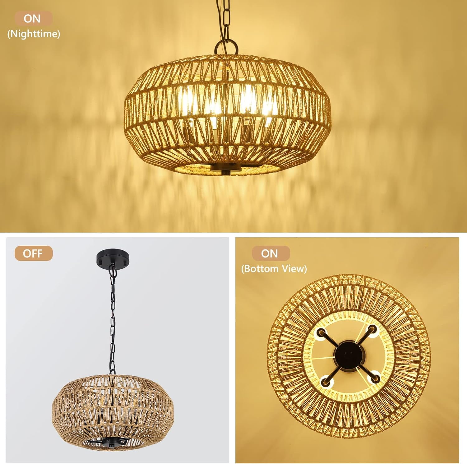 Newest 16” Boho 4-Light Rattan Pendant Light, Hand-Woven Basket Chandelier, Height Adjustable