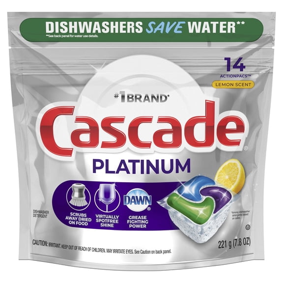 Cascade Platinum Dishwasher Pods, Action Pacs Dishwasher Detergent, Dishwasher Tabs, Lemon, 14 Count