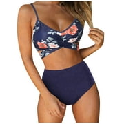 Bikinis For Women Criss Cross High Waisted String Floral Printed 2 Piece Bathing Swimsuit