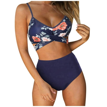 

Plus Size Bathing Suits Printed Swimsuit High Criss String Floral Bathing 2 Women Waisted Piece Swimwears Tankinis Set
