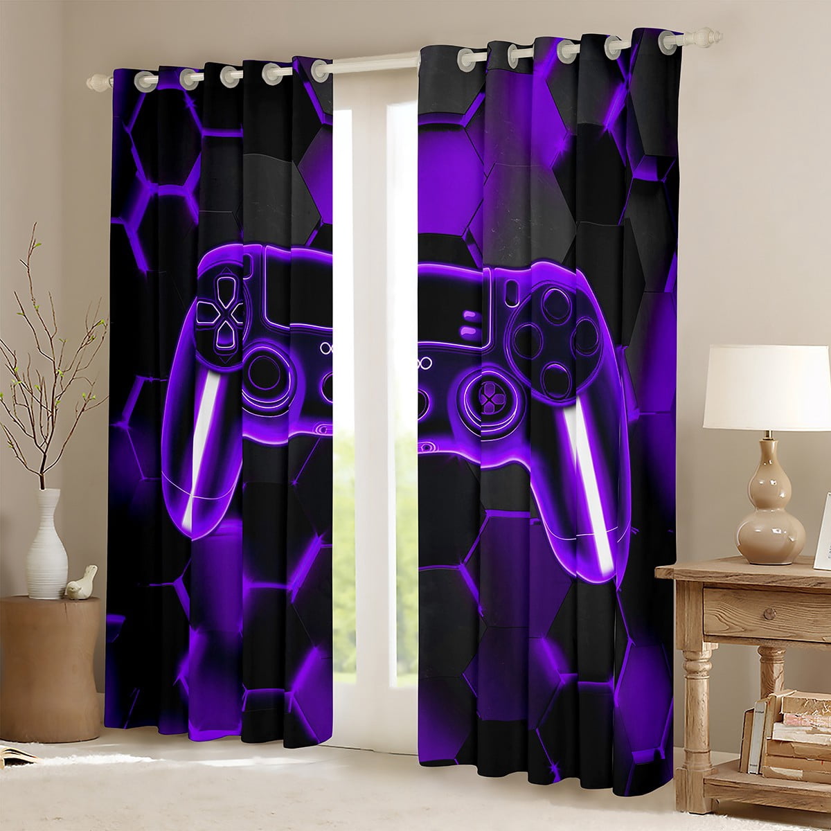 Erosebridal Purple Gamepad Curtains for Living Room, Game Player 30%-50% Blackout Curtains Set of 2 (42x63), Modern Gaming Curtains and Drapes (42x63), Window Curtains Bedroom Decoration