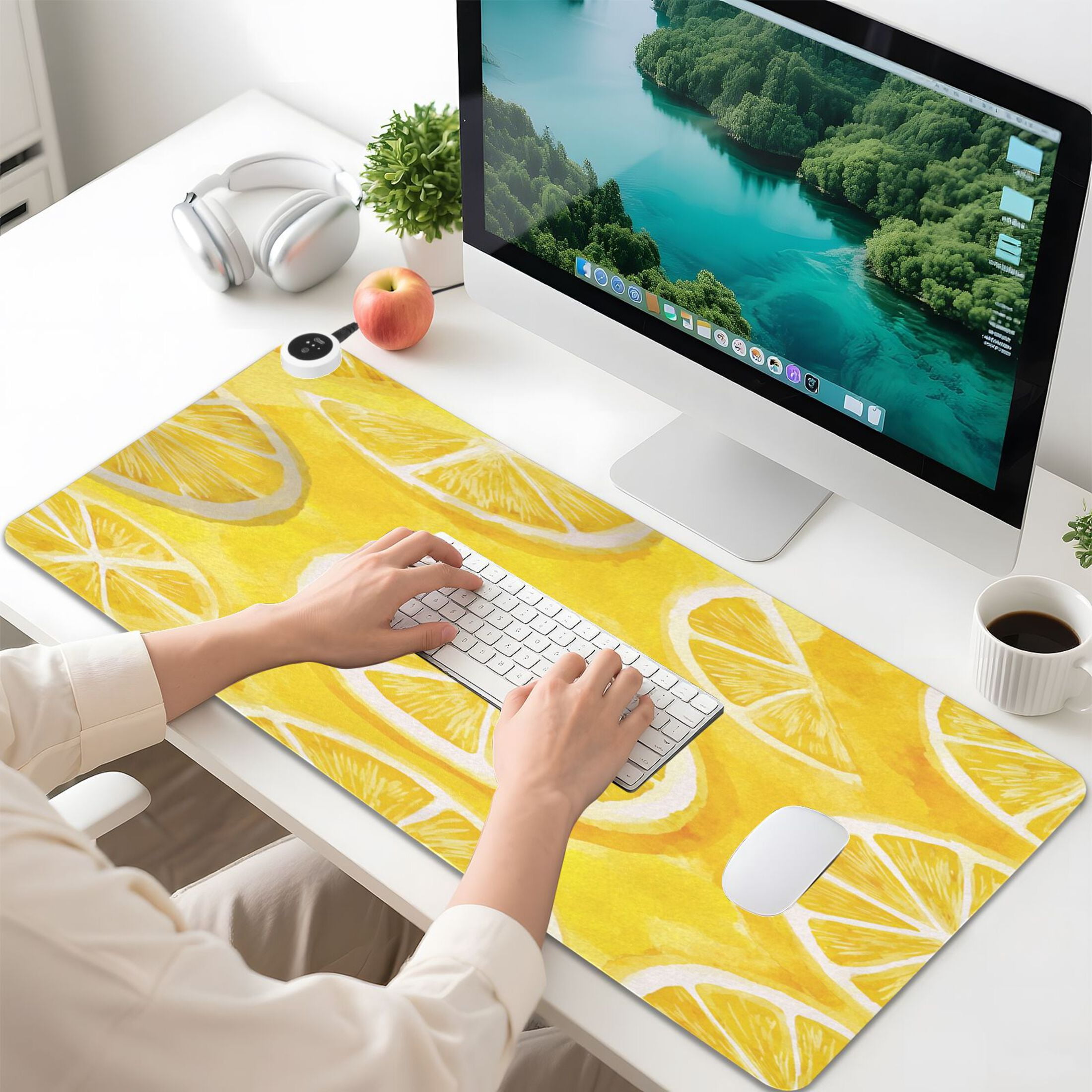 Large Heated Desk Mat Mouse Pad 31.5"x13"PU Leather Graphene Heating Desk Warmer with 3 Temperature Settings 110V US Plug Non-Slip Warm Pad for Home, Office, and Gaming Retro Lemon Slice Pattern