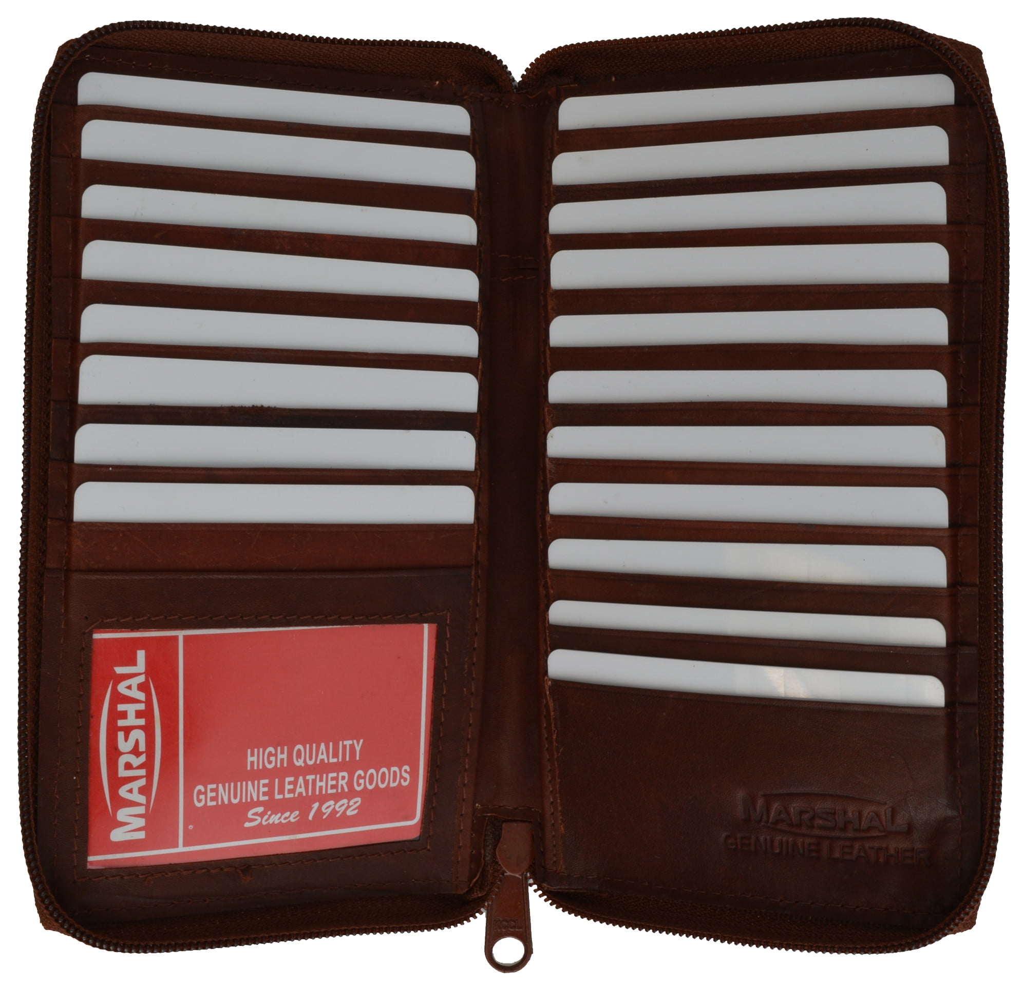 Genuine Leather Zip Around Credit Card Organizer Wallet with ID Window
