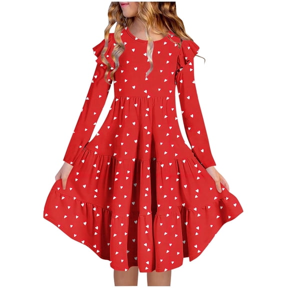 Spazoro Girls Tiered Midi Dress, Crew Neck Ruffled Long Sleeve Soft Floral Print Casual Party Dress Red Size 6