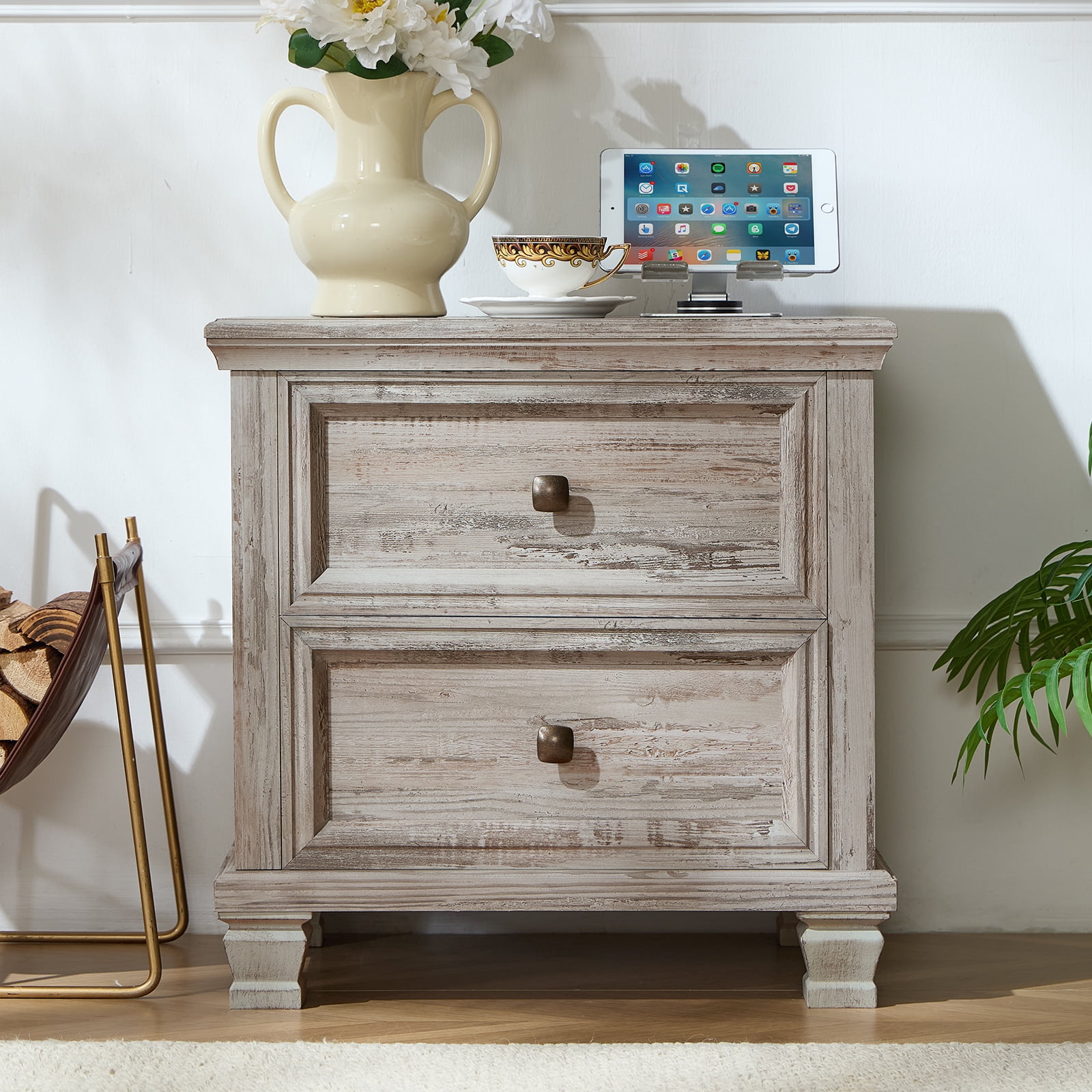 Buildhom 2pc Farmhouse Nightstand with Charging Station, 2-Drawer Rustic End Table with Solid Wood Legs for Bedroom, Grey'