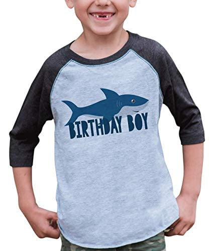 7 ate 9 Apparel Boys Shark Birthday Grey Raglan Tee