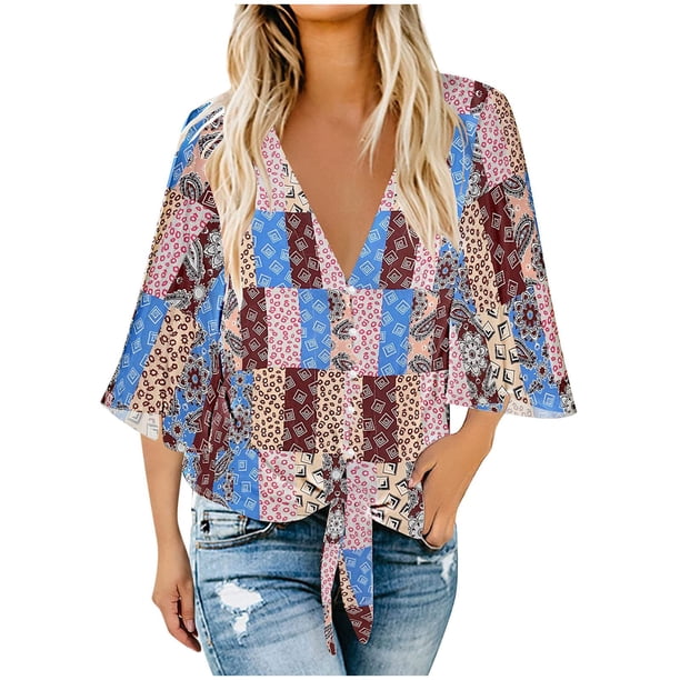 Moda mujer cuello en V estampado Tops 3/4 manga corbata nudo blusas botón abajo camisas Fridja czfsfas4086