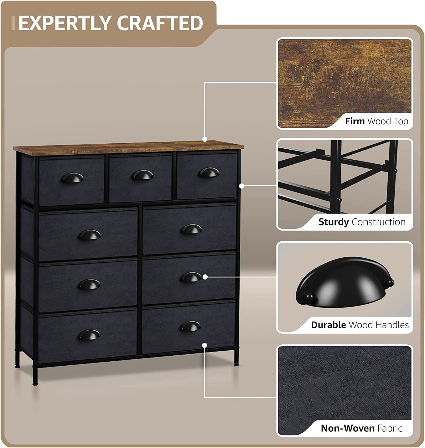 Sorbus 9-Drawer Dresser Nightstand End Table, Steel Frame, Wood Top, Black Wood