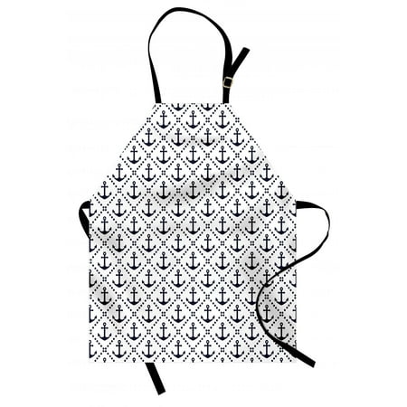 Nautical Style Kitchen Geometric Apron Dotted Frames Anchors Pattern Chevron Style Zigzags Nautical Theme Image, Unisex Kitchen Bib Apron with Adjustable Neck for Cooking Baking Gardening, Dark Blue White, by Ambesonne ()