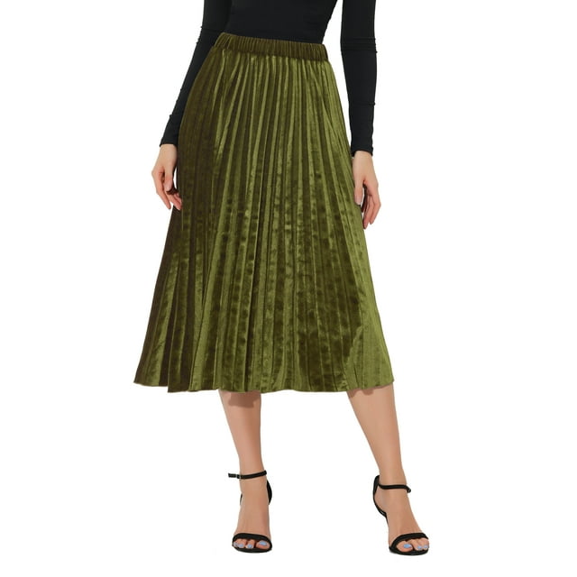 INSPIRE CHIC Jupe Plissée en Velours pour Femme à Taille Haute Élastique, Ourlet Évasé Évasé, L Vert Armée