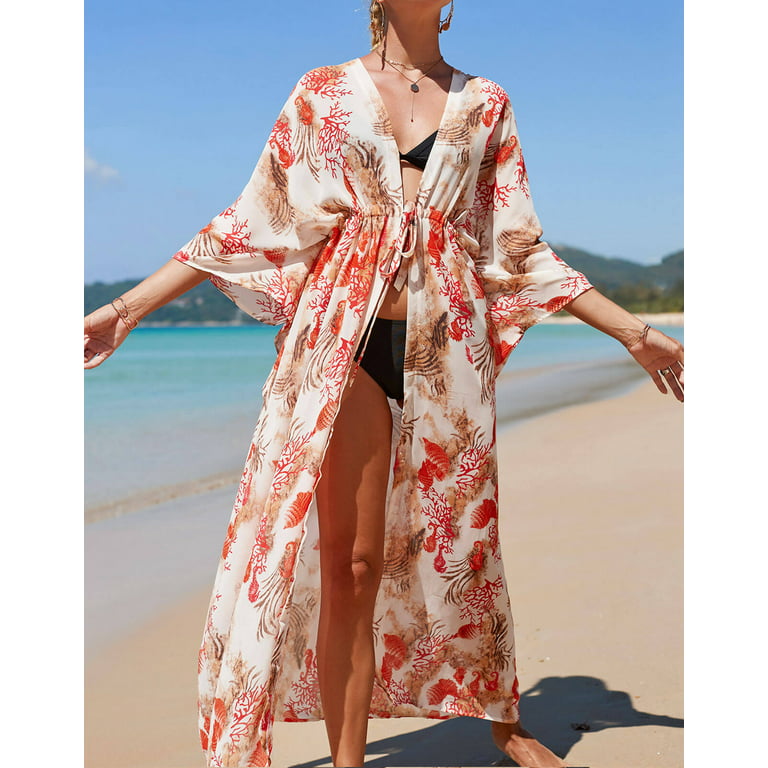 JDiction Women's Swimsuit Cover Up Bathing Suit Kimono Lace Bikini Long  Beach Dress Floral Swim Coverup
