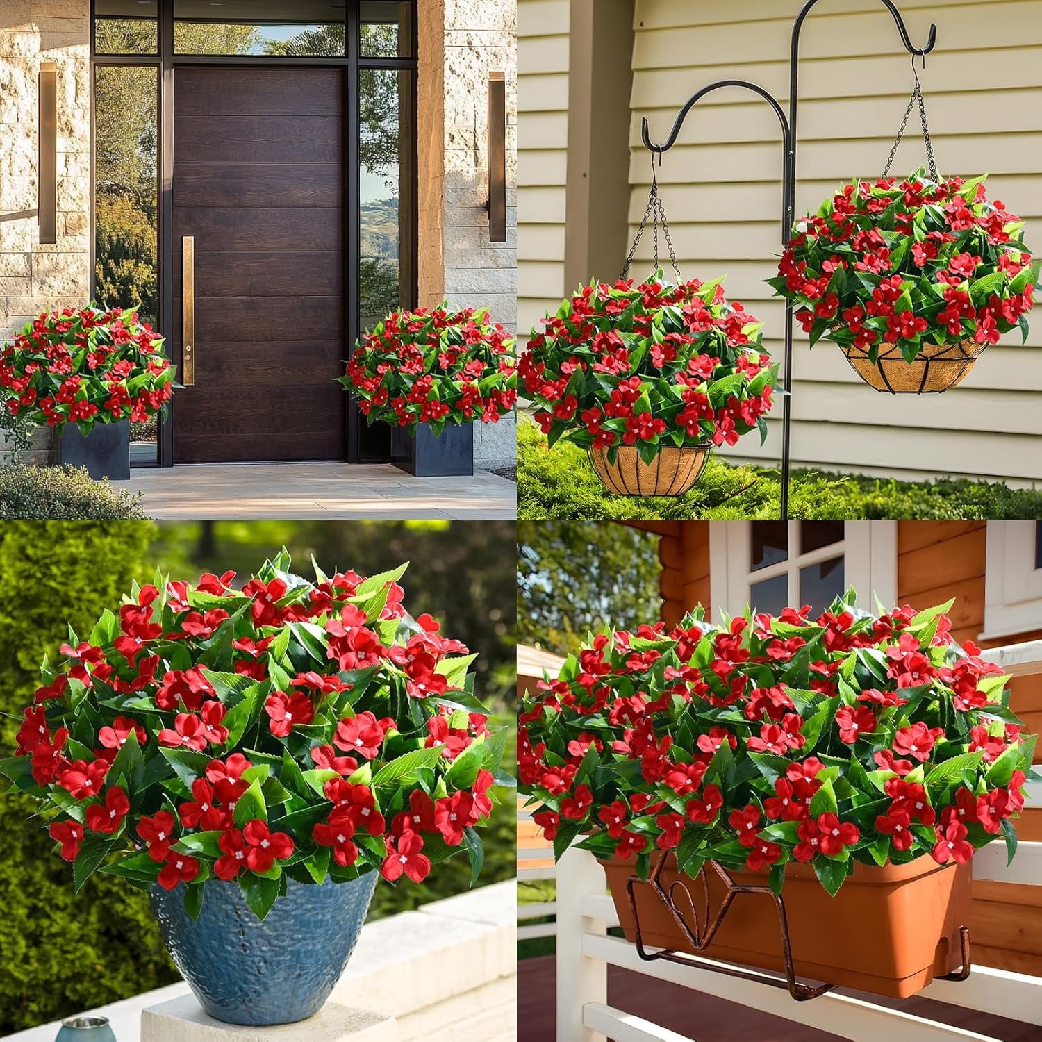 Yastouay 10 Pcs Artificial Flowers for Outdoors ,UV Resistant Faux Impatiens for Outdoor Planters,Red Silk Flowers for Front Door Porch Decorations