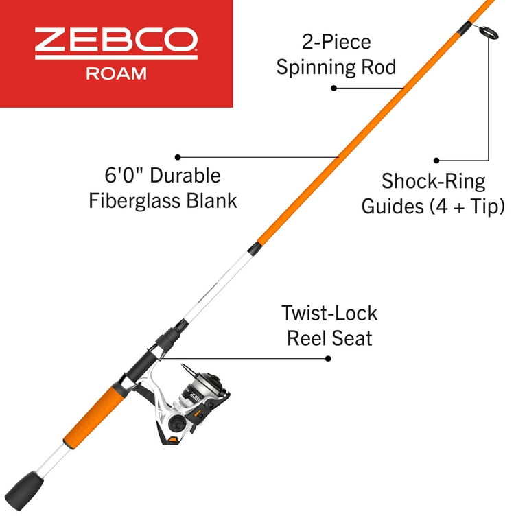 Zebco Roam Spinning Reel and Fishing Rod Combo, 6-Foot 2-Piece Fiberglass  Fishing Pole, Split ComfortGrip Handle, Soft-Touch Handle Knob, Size 20 Reel,  Changeable Right- or Left-Hand Retrieve, Orange 