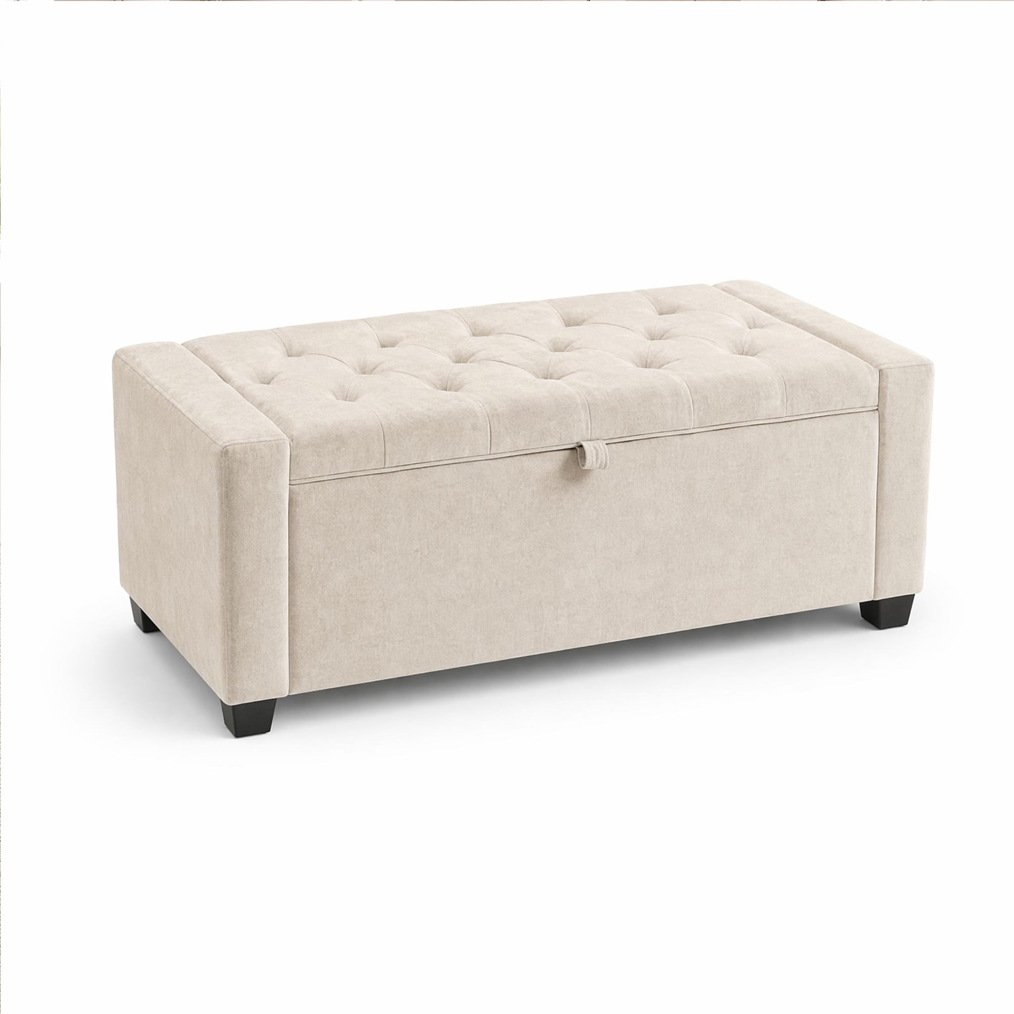 Storage Bench 43.3 Inch, Chenille Upholstered Ottoman Bench with Safety Hinge, End of Bed Storage Bench for Bedroom and Entryway, Beige