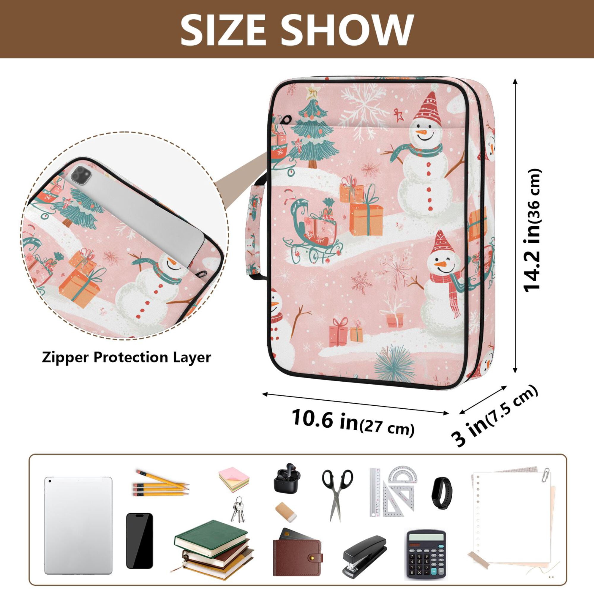 FORMRS Accordion File Folder A4 Size 7-Pocket Expanding Document Organizer Bag with 3 Ring Binder, Pink Christmas Snowman
