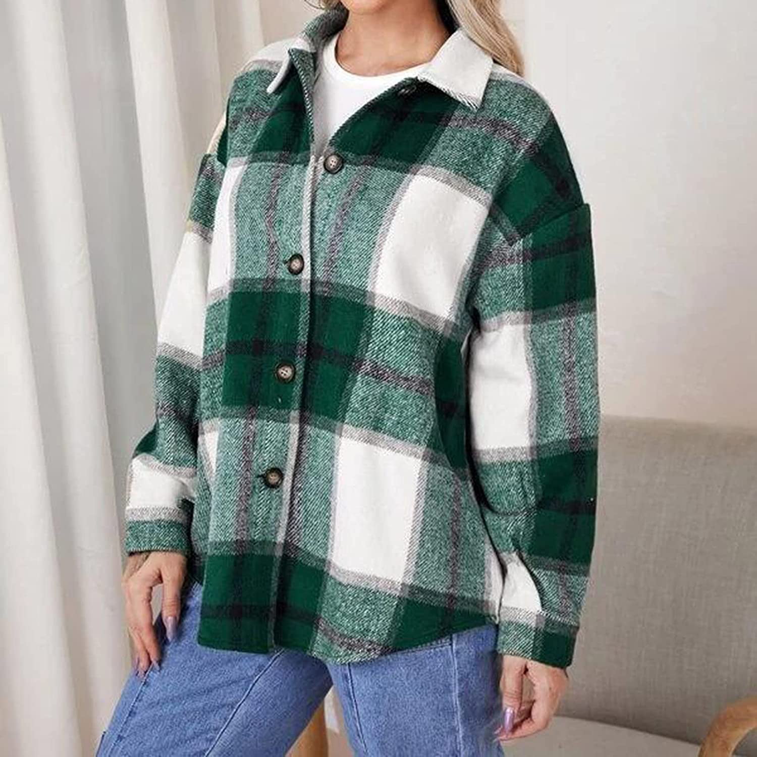 JGGSPWM Womens Tie Dye Plaid Color Block Distressed Shacket Jacket Winter  Coat Tops Comfortable Pullover Long Sleeve Lapel V Neck Outwear Green M 