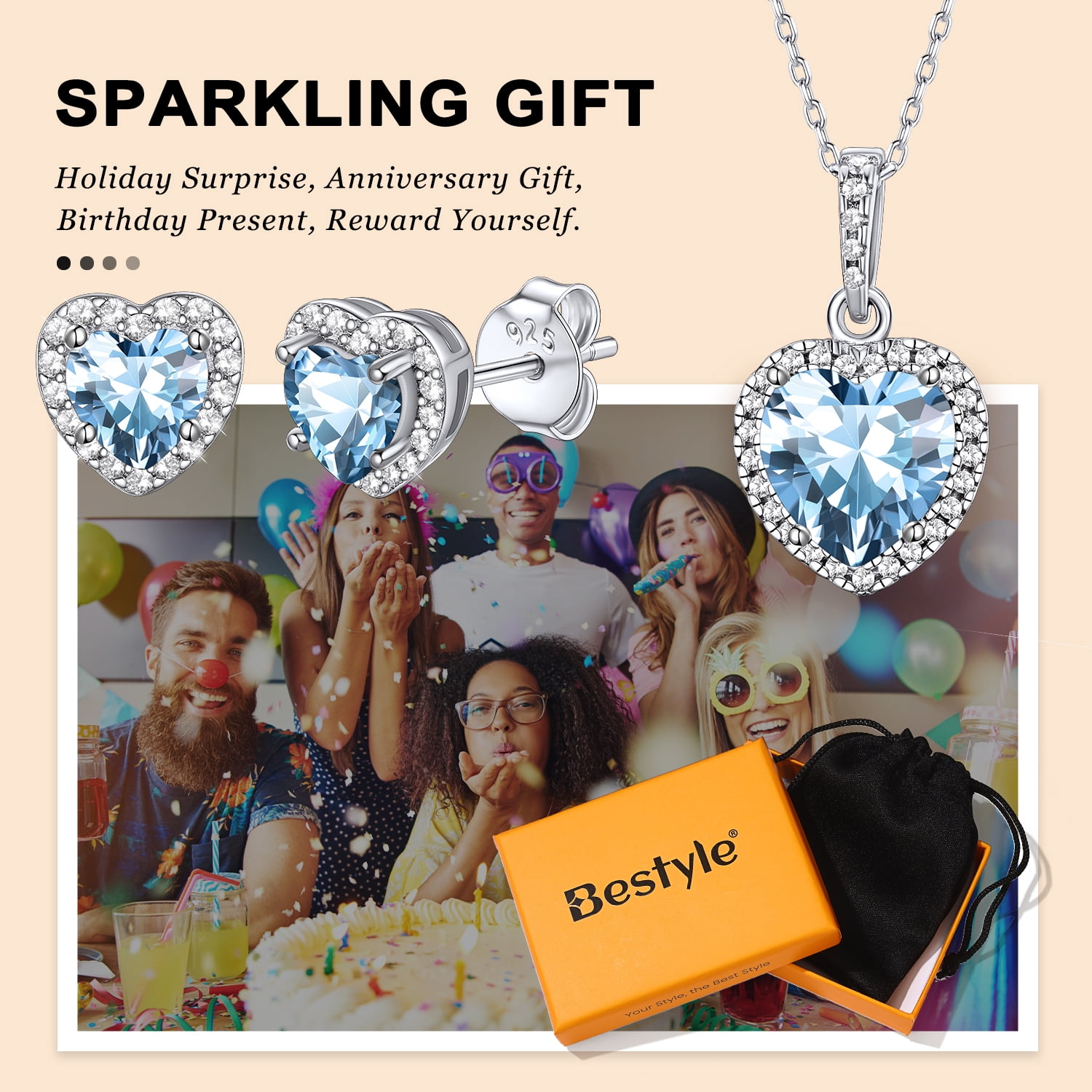Bestyle Pure 925 Sterling Silver Earrings Necklace Set for Women March Birthstone Heart Jewelry Set Mother'day Gifts for Bridal Wife Mom Daughter