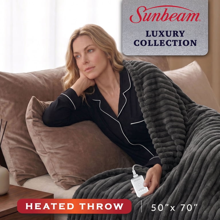 Sunbeam Heated Channeled Faux Fur Throw Blanket, Gray photo 2