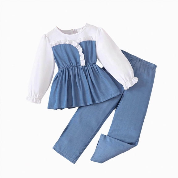 yboeqw Girl Clothes Fall Outfits Color Block Ruffle Long Sleeve Tops and Leggings Pant Set Kids Outdoor,Size 4-5 Years