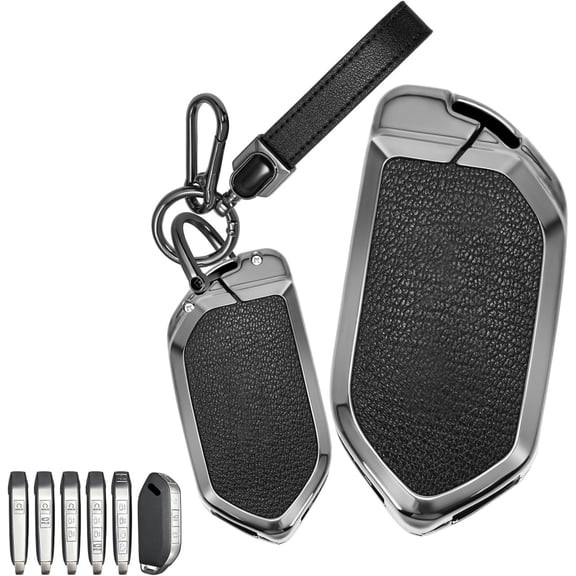 Key Fob Cover Compatible with Kia K5 2026 Sportage 2025 2024 2023 Telluride Carnival Sorento EV5 EV6 EV9 Metal & Leather Car Key Case,Black-A,Keychain-A-Black