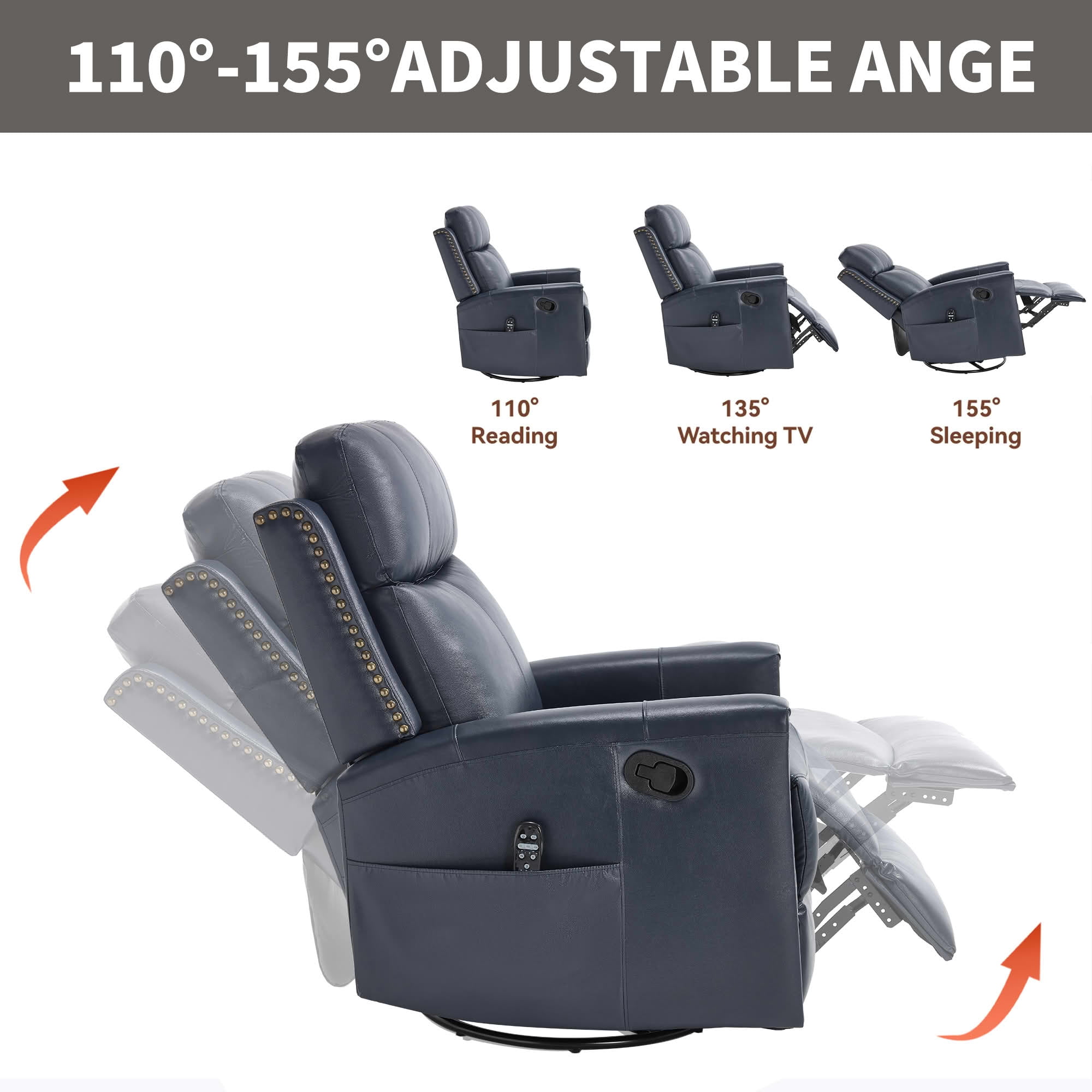 MAYEERTY Blue Genuine Leather Manual Recliner, 360° Swivel Rocker Heat Massage 31"x38"x42" for Living Room