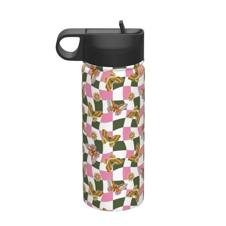 

Gaeub Abstract Pink Plaid Butterfly Printed 18oz Sports Insulated Kettle With Straw Sports Insulated Bottle Water Bottle For Running Hiking Cycling Climbing Mens Womans Insulated Water Bottle