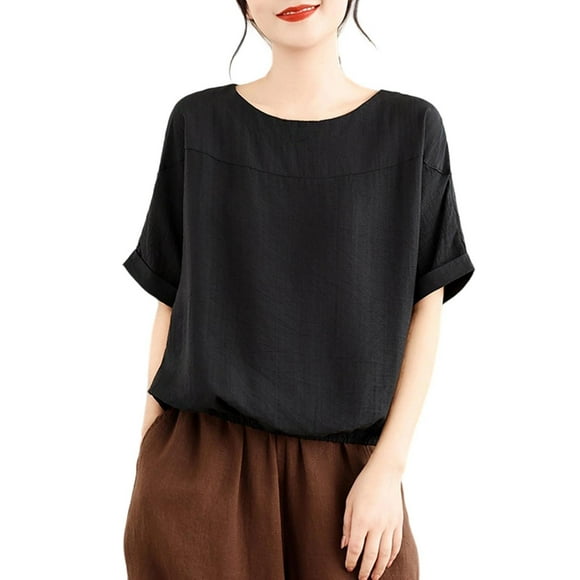 cfhntfmh Oversized Cotton Linen Tops for Women Trendy Casual Short Sleeve Shirts Round Neck Summer Loose Fit T-Shirt