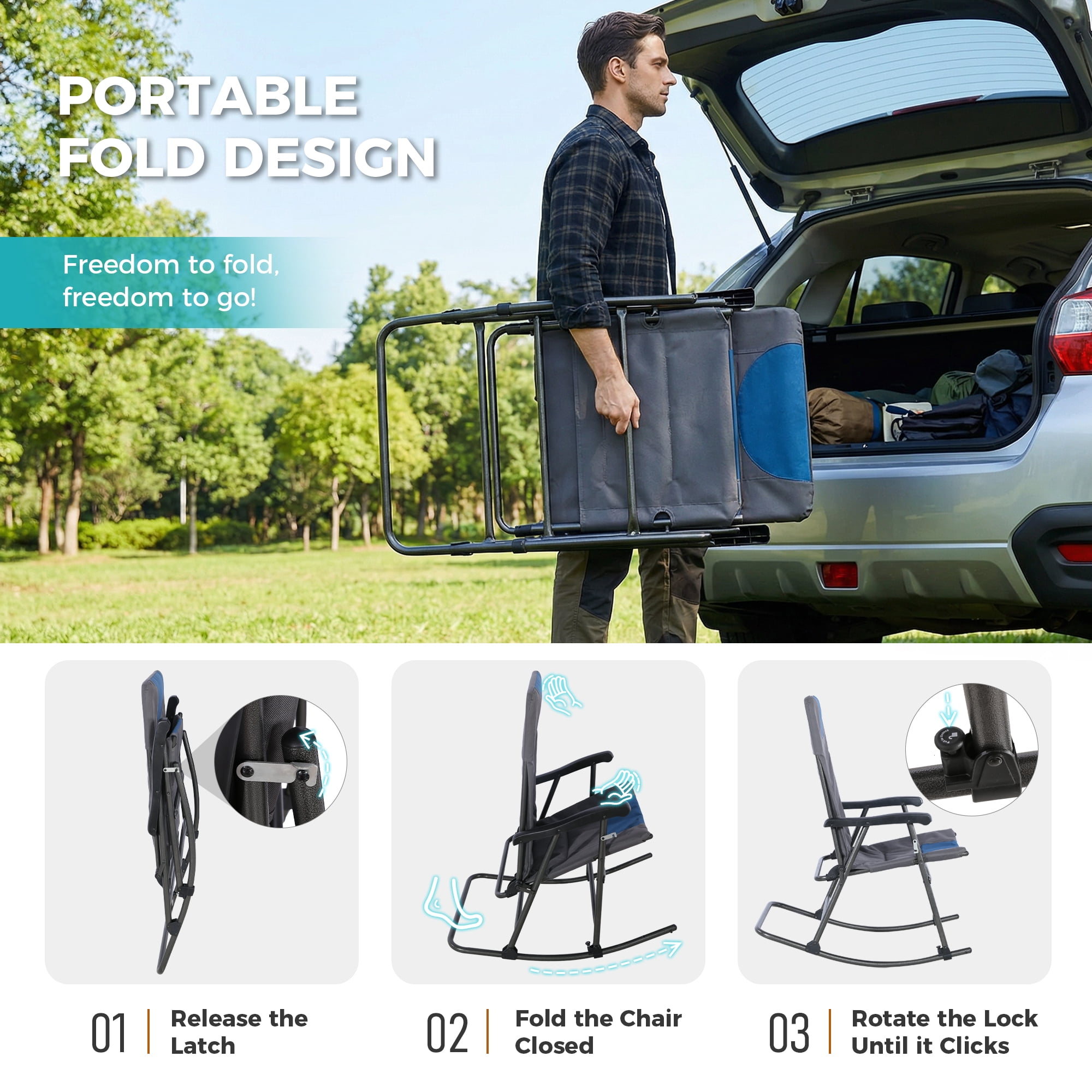 Oversized Folding Rocking Camping Chair, High Back Airmesh Outdoor Rocker with Hard Armrests, Storage Pockets & Carry Bag for Patio Lawn Camping