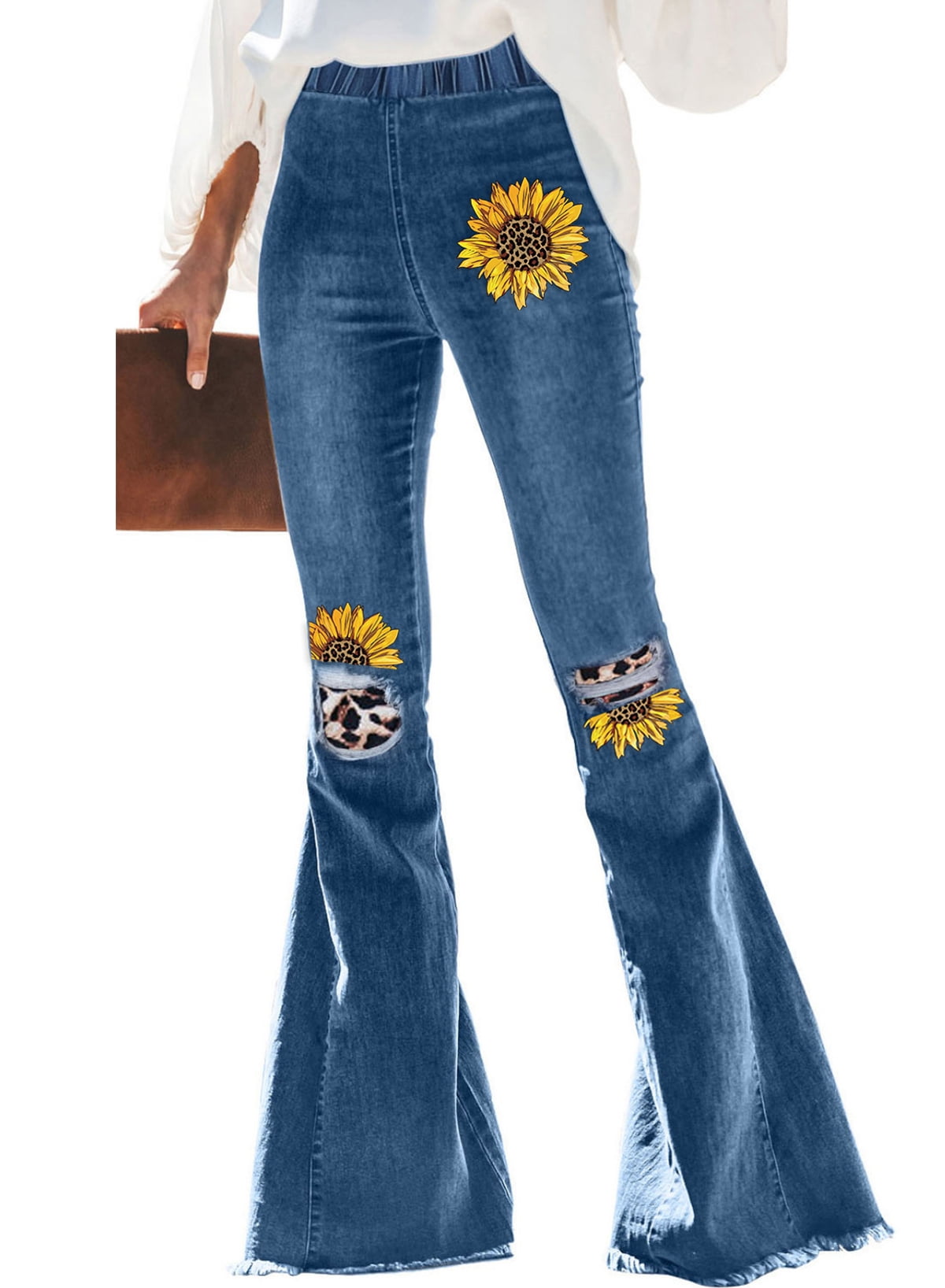 S/M/L Ladies 70s Deluxe Blue Flared Trousers Patchwork Denim 
