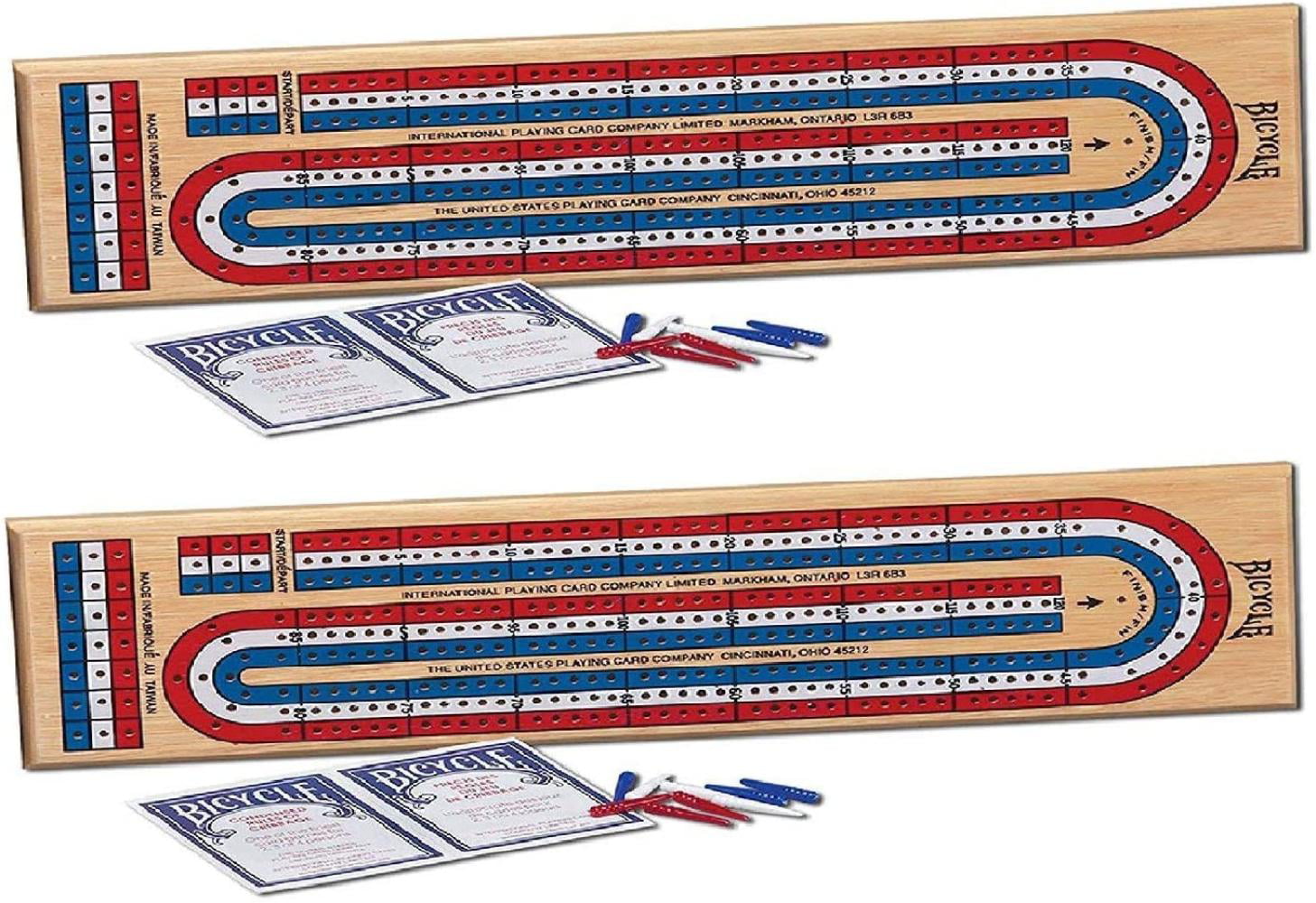 Red and Blue Bicycle 3-Track Cribbage Board Bundle with 2 Bicycle Standard Playing Cards