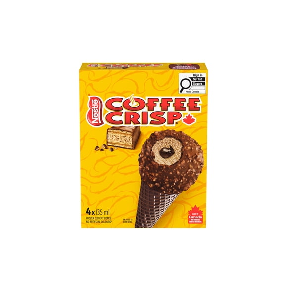 COFFEE CRISP Cornets, dessert glacé au café, centre au fondant, enrobage chocolaté aux gaufrettes croustillantes 4 x 135 ml