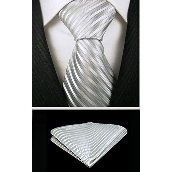 Scott Allan Silver Tie and Pocket Square Set | Jacquard Woven Necktie and Hanky | Gray Ties for Weddings School Graduation Work Prom