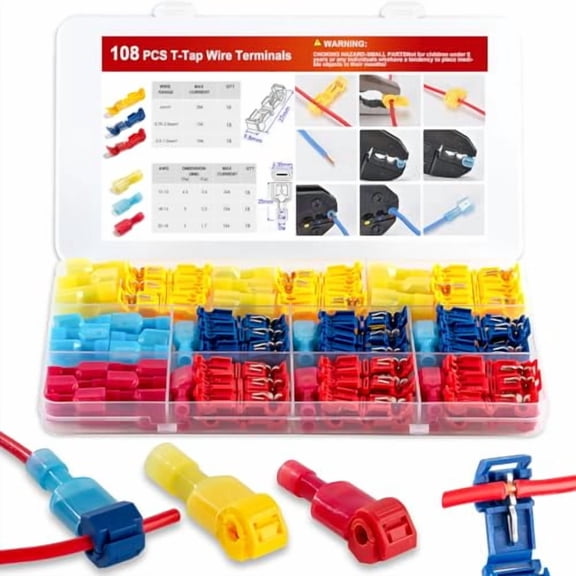 108 Pcs T-Tap Wire Connectors Kit, Quick Splice Self-Stripping Electrical Wire Terminals for Speaker Car Audio, Nylon Fully Insulated Male Quick Disconnects for Automotive Wiring (22-10 AWG)$$