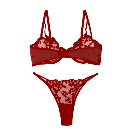 Sexy Lingerie for Women  Classy Mesh Sheer Bra and Panty Sets  Sexy Underwire Cute Push up Strappy Embroidered Mesh Sheer Lingerie Set See Through Panty Bra  Black(S)