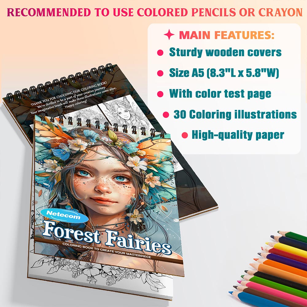 Netecom Forest Fairies Coloring Book Spiral Bound For Adults, A5 Wooden Cover, 30 Enchanting Coloring Pages of Fairies Amidst Magical Forests and Blossoms for Relaxation and Stress Relief