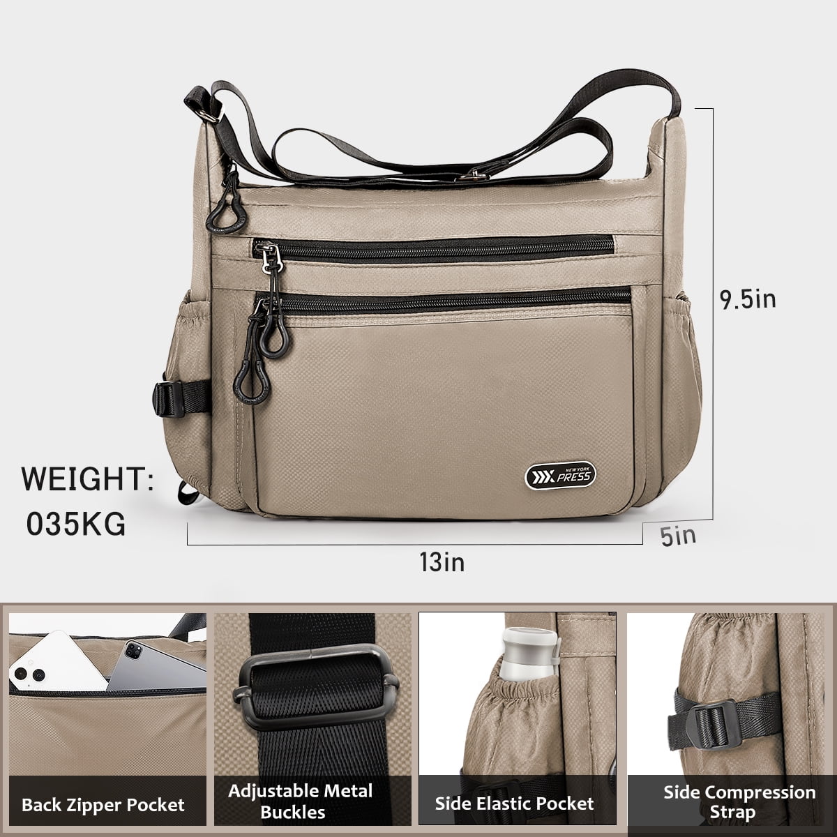 Crossbody Bag for Women Men Multi-Pocket Shoulder Purse Waterproof Lightweight Casual Travel Satchel Handbag,Khaki,319