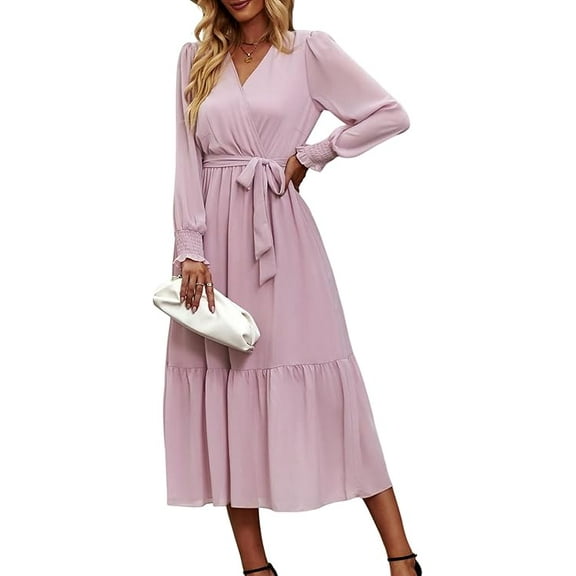 PRETTYGARDEN Women's Maxi Dress Fall Long Sleeve Wrap V Neck Ruffle Flowy Belted Spring Wedding Guest Vacation