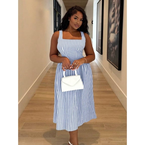 Baby Blue Striped Square Neck Sleeveless Midi Dress For Women