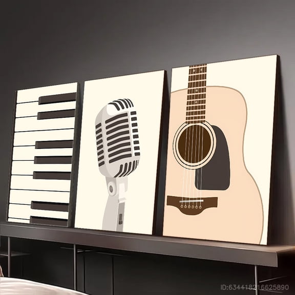 2D Flat, 3pcs/set Framed Canvas Collection, Stylish Space Artistic Tribute Music Art Poster with Piano, Guitar, and Microphone, Modern Minimalist Style Art for Music Room, Bedroom, Wall Decor, Café,