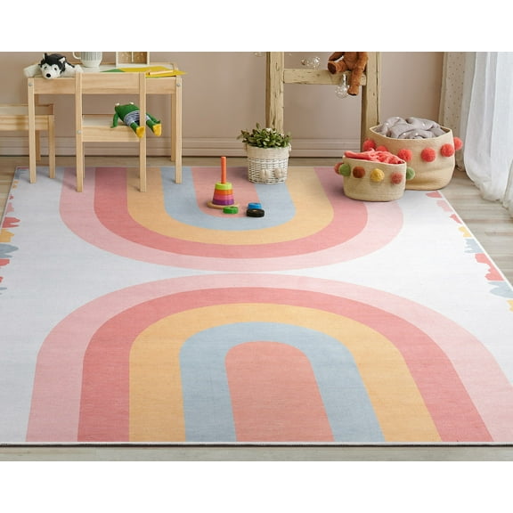 Well Woven Crescent Rainbow Pink & Orange Multicolor Apollo Kids Collection 3'3" x 5' Area Rug
