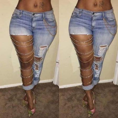Fashion Women Sexy Destroyed Ripped Distressed Chain Denim Pants