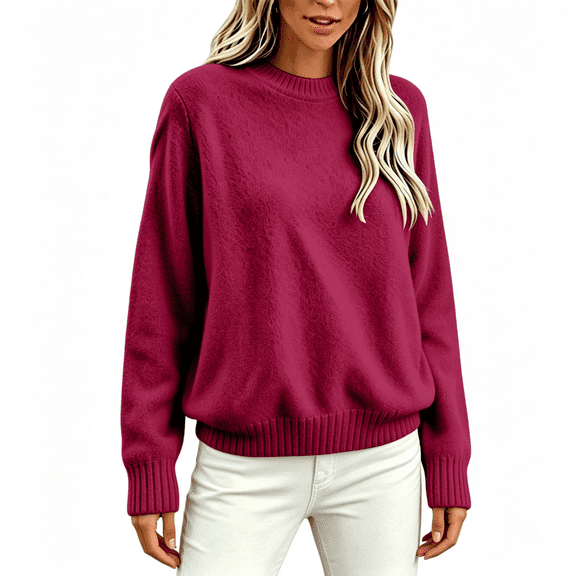 Womens Pullover Sweaters with Pocekt Long Sleeve Casual Loose Fit Warm Lightweight Fall Winter Tops Hot Pink XL