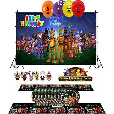 Party Decorations Five Nights At Freddy's Backdrop Table Cover Birthday Cake Topper 24 Cupcake Toppers 10 Paper Plates 12 Balloons Party Favors