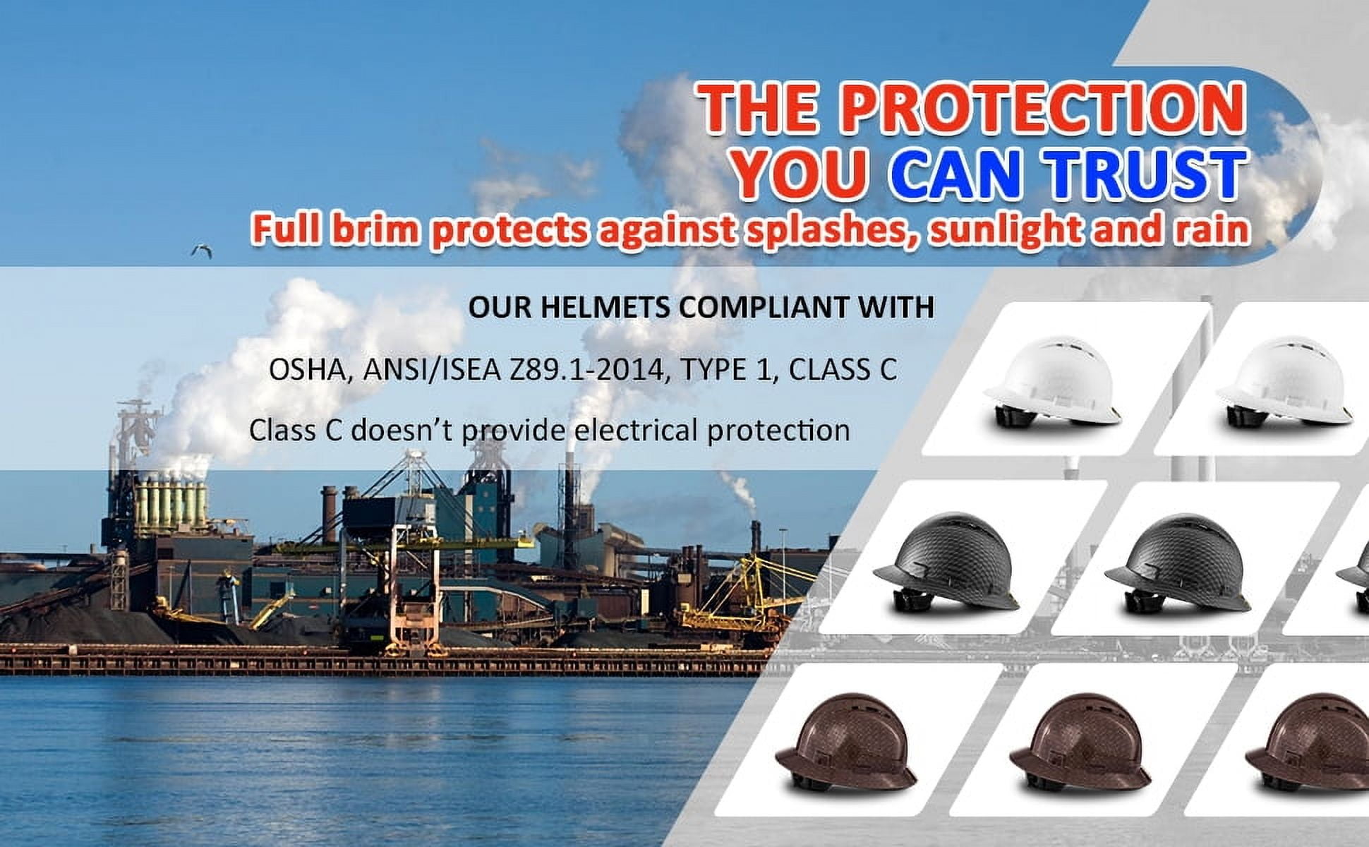 ProtectX Premium Full Brim Hard Hat, Cascos De Construccion for Safety, Vented, 6-point Adjustable Ratchet Suspension, Grey Long Carbon Fiber, OSHA/ANSI Compliant