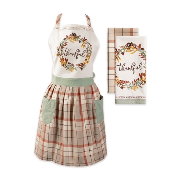 Contemporary Home Living Set of 3 Autumn Harvest Thankful Apron and Towels Kitchen Set
