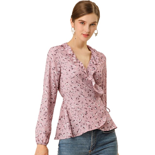 Blusa Top Peplum Estampado Floral Lazo Auto Cuello En V Con Volantes Cruzados Para Mujer Rosa XS