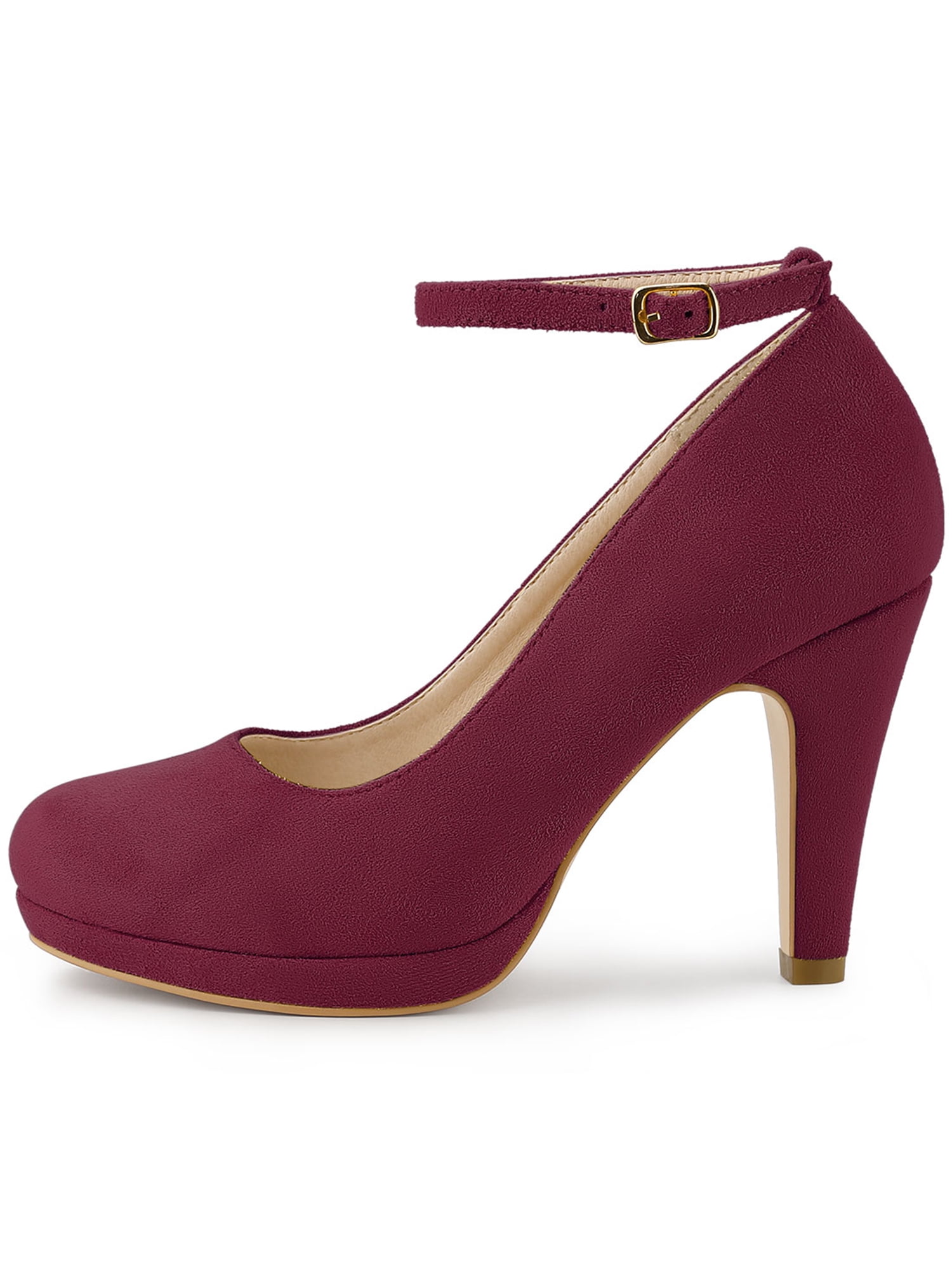 Unique Bargains Women's Round Toe Stiletto Heel Ankle Strap Pumps Burgundy 6.5
