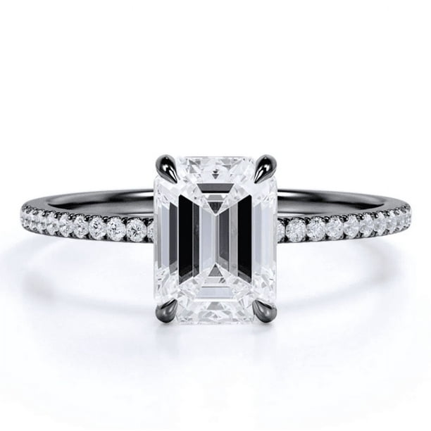 JeenMata Anillo de Compromiso Solitario de Talla Esmeralda de 1,75 Quilates en Oro Negro de 18 K sobre Plata