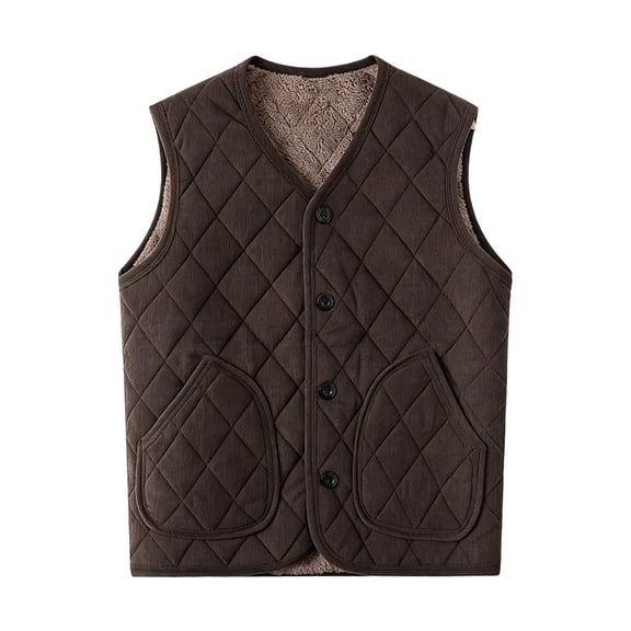 USNSM (3XL-5XL) Men's V-Neck Plush Thick Warm Down Vest Winter Sherpa Outdoor Travel Vest Fleece Lined Sleeveless Puffer Jackets Brown XXXXXL